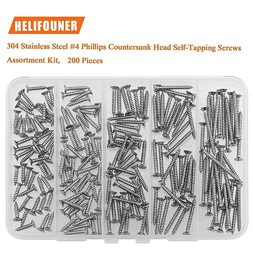 #4 x 1/2" 5/8" 3/4" 1" 1-1/4" Wood Screws Set, HELIFOUNER 200 Pieces Phillips Countersunk Head Self-Tapping Screws Assortment Kit, Phillips Flat Head Wood Screws, 304 Stainless Steel - size: #4
