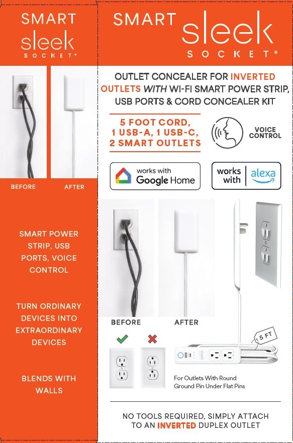 Smart Sleek Socket: Universal Outlet Concealer with Wi-Fi Smart Power Strip - size: 5 ft - Smart, style: Inverted Outlet