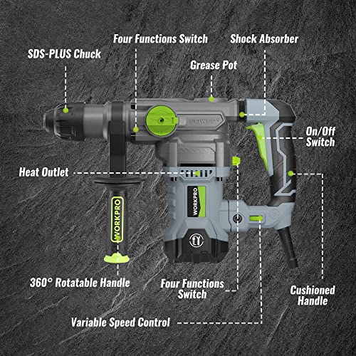 WORKPRO 1-1/4 Inch SDS-Plus Rotary Hammer Drill, 12.5AMP, Heavy Duty Corded Version for Concrete Demolition Chipping Rotomartillo, 5 SDS-Plus Bits - style: 12.5AMP
