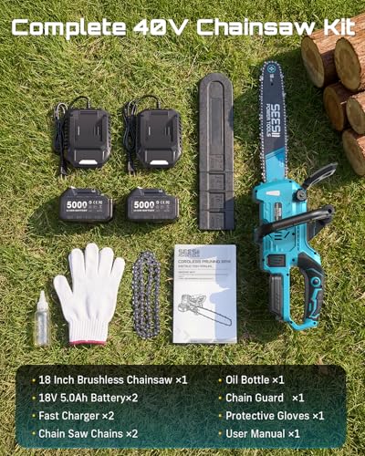 SEESII 40V 18-Inch Electric Chainsaw Cordless with 2 x 5.0Ah Batteries - color: Cerulean