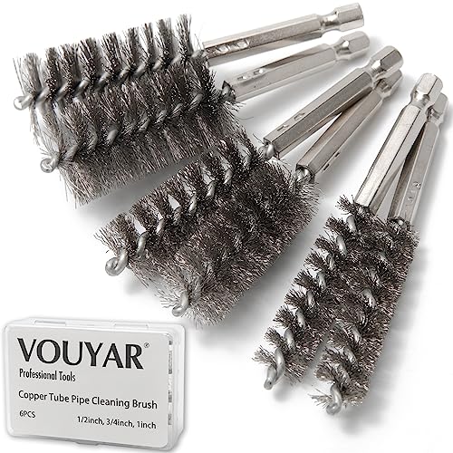 6pcs Copper Tube Pipe Cleaner, 1/2” 3/4” 1” Pipe Cleaning Brush Set, Stainless Steel Wire Bore Brushes for Power Drill, 1/4 Inch Hex Shank - style: 6pcs Standard