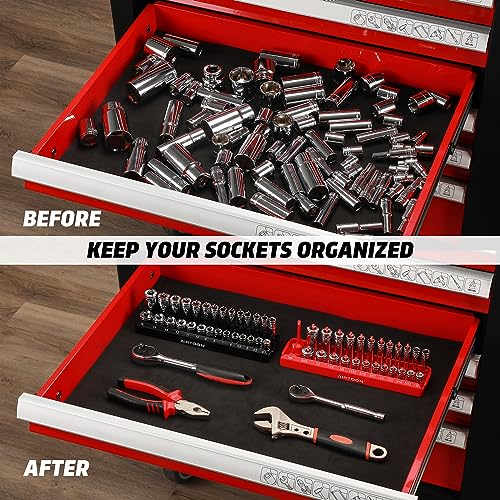 1/4-Inch Drive Socket Organizer Trays, 2-Piece SAE and Metric Socket Tray Set, Deep and Standard Socket Holders Organizers for Toolbox, Black & Red - size: 1/4-Inch Drive SAE and METRIC