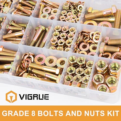 VIGRUE 636PCS Grade 8 Bolt Assortment Kit, 1/4-20, 5/16-18, 3/8-16, 1/2-13 Heavy Duty SAE Bolts and Nuts Washers Kit - size: 636PCS SAE 1/4-20, 5/16-18, 3/8-16, 1/2-13