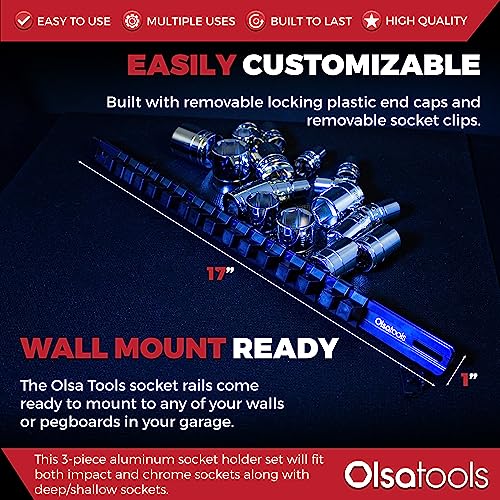 Olsa Tools 3-sets Socket Organizer Rail with Locking Caps, Blue - color: Blue, size: 3pc, 1/4, 3/8, & 1/2-Inch Drive