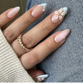 LPOODDNU Almond Flower Pearl Press on Nails - Medium 3D Fake Nails with French Tip Designs, Glossy Finished Reusable False Nails with Double Adhesive Glue Tabs - 24Pcs Nail Kit for Women Manicure - color: blue french tip flower