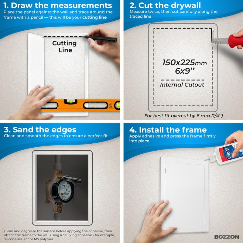 BOZZON Access Panel for Drywall - 6 x 9 in - Wall Hole Cover - Access Door - Plumbing Access Panel for Drywall - Heavy Durable Plastic White - size: 6 x 9