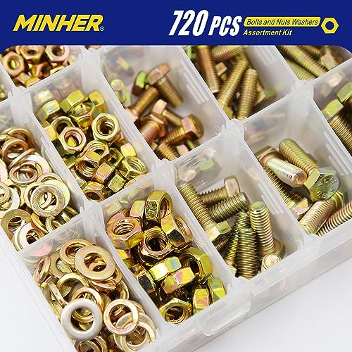 MINHER M4 M5 M6 Bolts and Nuts Assortment Kit 720PCS Hex Screws Nuts & Washers Set - color: M4, M5, M6 (720PCS)