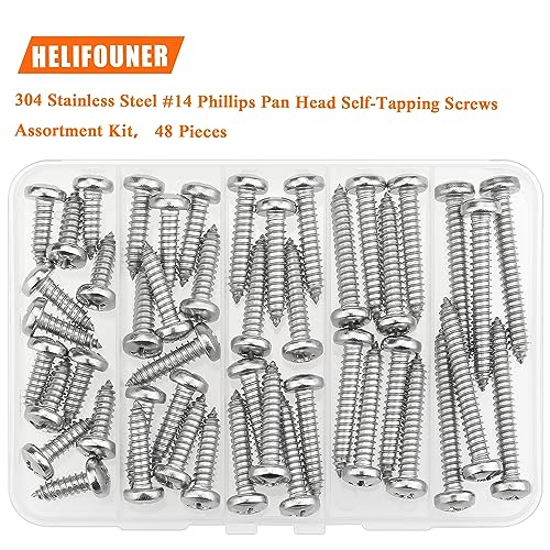 #14 x 3/4" 1" 1-1/4" 1-1/2" 2" Wood Screws Set, HELIFOUNER 48 Pieces Phillips Pan Head Self-Tapping Screws Assortment Kit, Phillips Pan Head Wood Screws, 304 Stainless Steel - size: #14