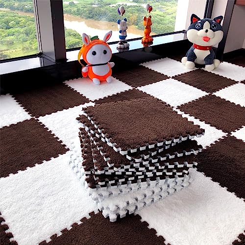 12pcs Tiled Puzzle Play Mats Interlocking Shaggy Soft EVA Foam Mats Protective Floor for Children Kids Room Home Parlor Bedroom(Brown) - color: Brown