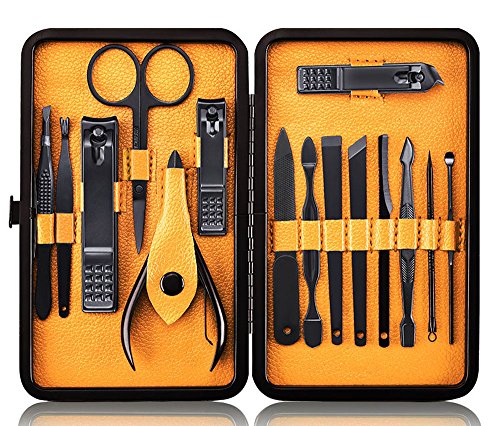 Professional Stainless Steel Nail Clipper Travel & Grooming Kit Nail Tools Manicure & Pedicure Set of 15pcs with Luxurious Case (Black/Yellow) - color: Black/Yellow