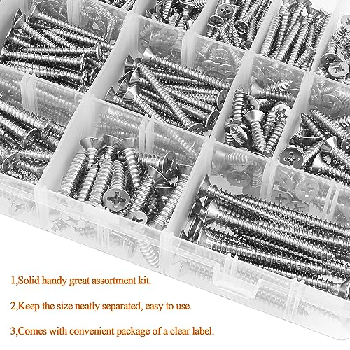 525 Pieces #4#6#8#10#12 Wood Screws Set, HELIFOUNER 16 Sizes Phillips Countersunk Head Self-Tapping Screws Assortment Kit, Phillips Flat Head Wood Screws, 304 Stainless Steel - size: #4#6#8#10#12