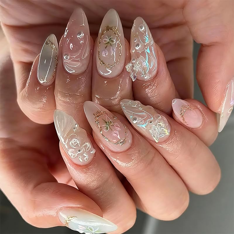 3D Press on Nails Almond - Medium French Tip Fake Nails with Embossed White Bead Designs, Glossy Finish Reusable False Nails with Glue Tabs - 24Pcs Nail Kit for Women Manicure(3D Embossed design 11) - color: 3D Embossed design 11