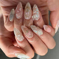 3D Press on Nails Almond - Medium French Tip Fake Nails with Embossed White Bead Designs, Glossy Finish Reusable False Nails with Glue Tabs - 24Pcs Nail Kit for Women Manicure(3D Embossed design 11) - color: 3D Embossed design 11