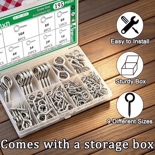 195PCS Silver Eye Screws Kit, 1# -12# Eyelet Screws for Wood - color: Silver, size: 1#-12#