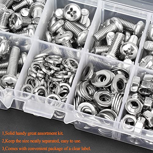 HELIFOUNER 210 Pieces M5 x 6mm /8mm /10mm /12mm /16mm /20mm, Phillips Pan Head Machine Screws, Metric Screws Bolts Washers Nuts Kit, 304 Stainless Steel - size: M5