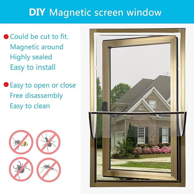 Magnetic Window Screen, Max 71 x 49 Inch DIY Cut-to-Fit Fiberglass Mesh Replacement Kit for House Windows, Strong Magnetic Seal, No-Drill Installation, White Frame with Gray Mesh - size: 71"x49"(180x125cm)