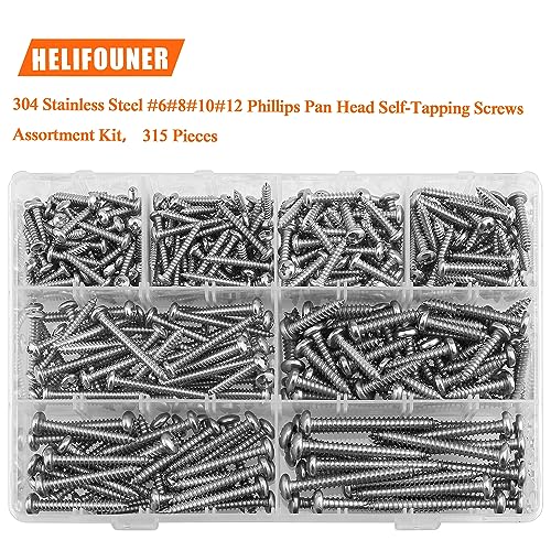 315 Pieces #6#8#10#12 Wood Screws Set, HELIFOUNER 8 Sizes Phillips Pan Head Self-Tapping Screws Assortment Kit, Phillips Pan Head Wood Screws, 304 Stainless Steel - size: #6#8#10#12