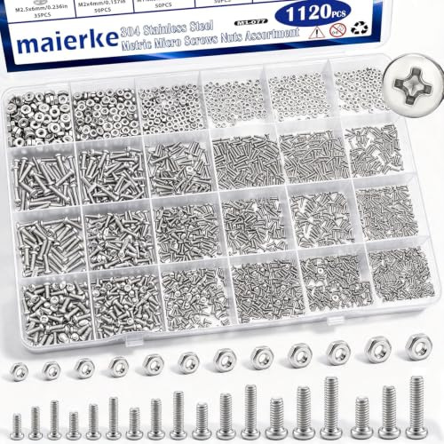 1120Pcs 304 Stainless Steel M1 M1.2 M1.4 M1.6 M2 M2.5 Metric Micro Screws Nuts Assortment, Hex Nuts, Phillips Pan Head, Small Machine Screws, for Arduino, RC Models, Electronics and DIY - size: 1120pcs