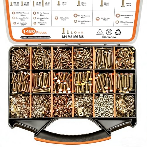 1480pcs Metric Nuts and Bolts Assortment Kit, M4 M5 M6 M8 Bolt Assortment, Grade 8.8 Alloy Steel with Yellow Zinc Plated, Length from 12-30mm - size: 1480PCS Metric (M4, M5, M6, M8)