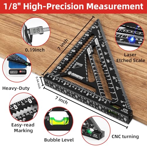 7inch Rafter Square with Level Vial, Heavy Duty Multi-Purpose Aluminum Triangle Ruler with Carpenter Pencil for Woodworking and Home DIY
