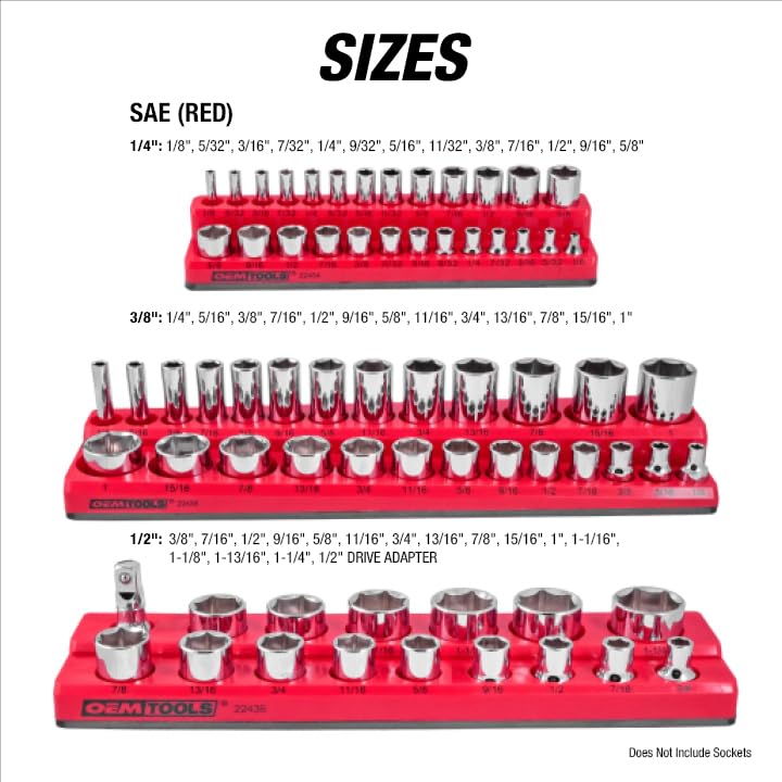 OEMTOOLS 22484 3-Pc Magnetic Socket Organizer for 68 SAE Sockets | SAE Magnetic Socket Holder, Non-Marring Rubberized Base Socket Holders, Holds 1/4, 3/8, 1/2 Inch Sizes, Clearly Marked Sizes - style: 3Pc Red