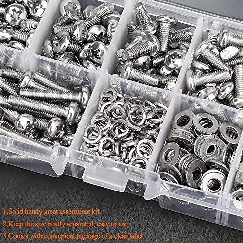 HELIFOUNER 360 Pieces M4 x 6mm /8mm /10mm /12mm /16mm /20mm, Phillips Pan Head Machine Screws, Metric Screws Bolts Washers Nuts Kit, 304 Stainless Steel - size: M4