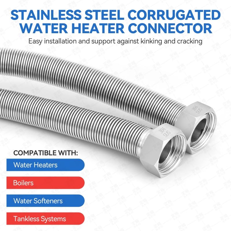 60 Inch Flexible Stainless Steel Corrugated Water Heater Connector Hose,3/4" FIP x 3/4" FIP,304 Stainless Steel Leak-Proof Flexible Line for Tankless Water Heater,Water Softener,RV,Boiler(2PCS)