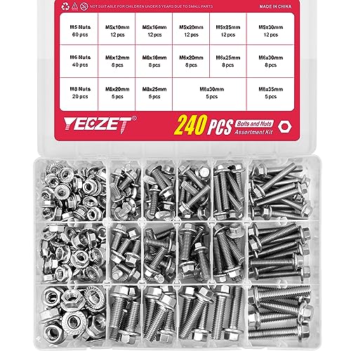 240PCS M5 M6 M8 Flanged Bolts and Nuts Kit,Stainless Steel 304 Metric Flanged Hex Screws Nuts Includes 14 Most Common Sizes - color: 240PCS M5 M6 M8 Bolts and Nuts Kit
