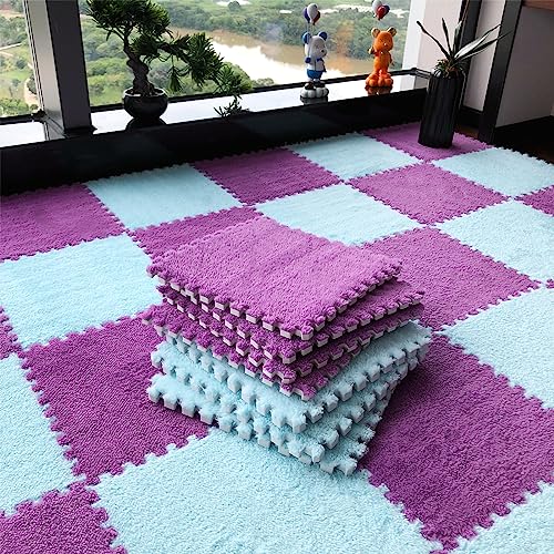 12pcs Tiled Puzzle Play Mats Interlocking Shaggy Soft EVA Foam Mats Protective Floor for Children Kids Room Home Parlor Bedroom Purple - color: Purple