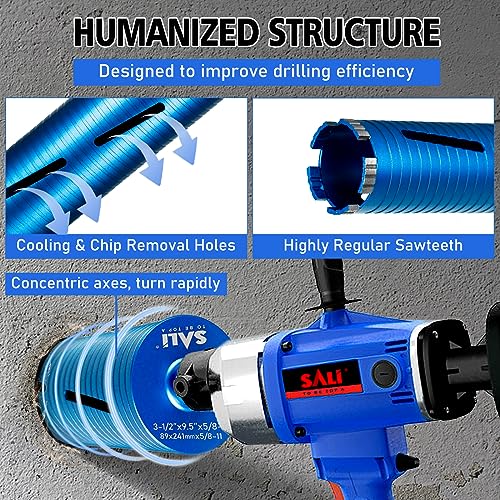 SALI Diamond Core Drill Bits 1" Diameter 10"/254mm Drilling Depth 5/8-11" Thread Core Bit Turbo Laser-Welded Segments for Cured Concrete with, Brick, Block, Masonry, with Two Adapters - size: 1 inch