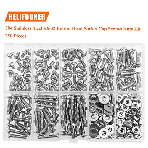 HELIFOUNER 250 Pieces #6-32 x 3/16" 1/4" 5/16" 3/8" 1/2" 5/8" 3/4" 1", Button Head Socket Cap Screws Bolts Washers Nuts Kit, Coarse Thread, Fully Machine Threaded, 304 Stainless Steel - size: #6-32, style: Button Head