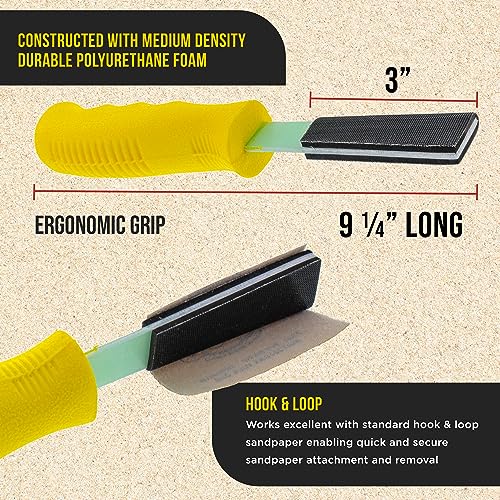 Dura-Gold Set of 3 Different Contour Hand Sanding File Block Sticks with 40 Sheet Hook & Loop Sandpaper Kit - Flat Convex Radius Profile Shapes - style: Flat
