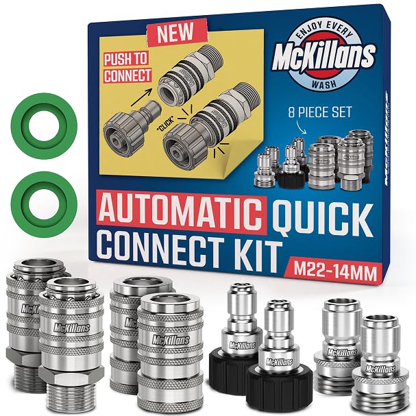 McKillans® 2025 Automatic M22-14mm Pressure Washer Quick Connect Kit - M22 to 3/8 Quick Connect Pressure Washer Fittings - Power Washer Accessories - Hose Adapter Set - 8-Piece Kit (Stainless Steel) - color: Automatic Quick Connects