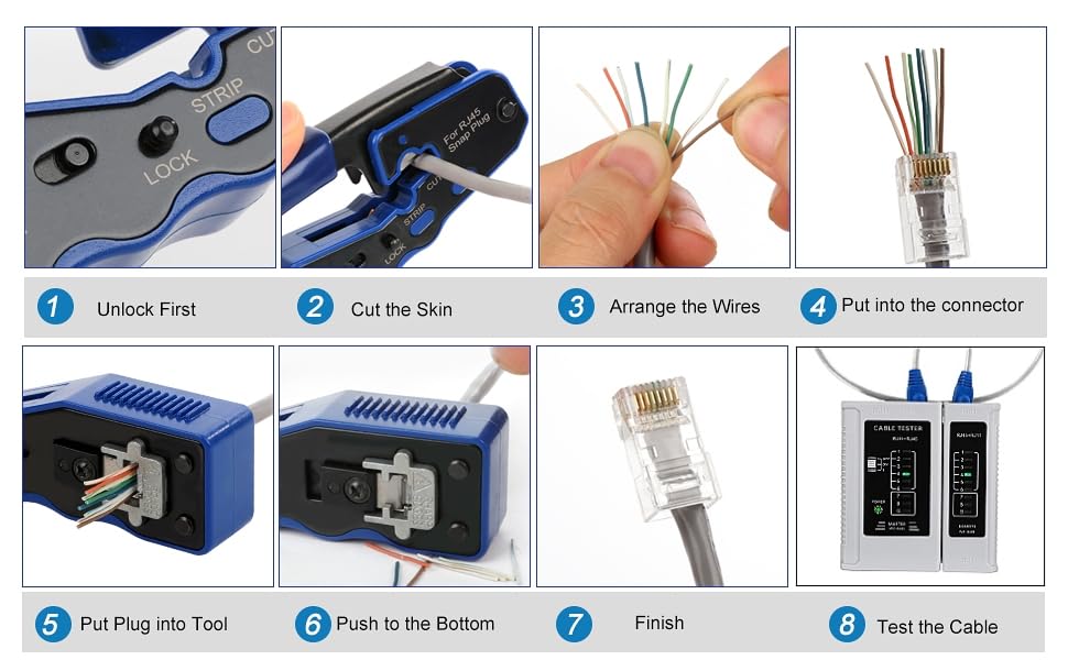 RJ45 Crimp Tool Kit Pass Thru Ethernet Crimper for Cat5e Cat6 Cat6a 8P8C Modular Connectors, All-in-One Cat6 Crimping Tool and Tester(9V Battery Not Included)