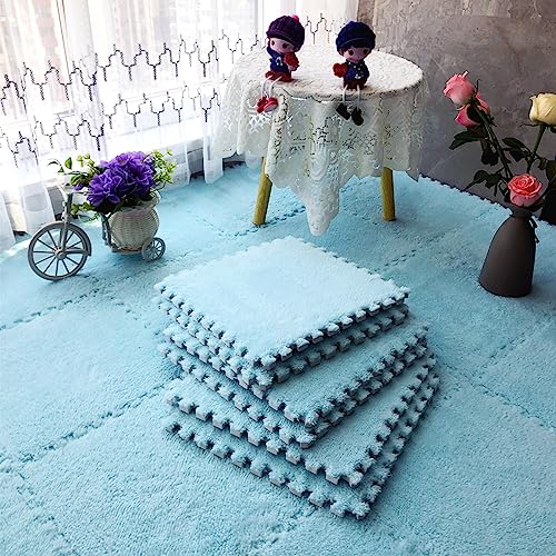 12pcs Tiled Puzzle Play Mats Interlocking Shaggy Soft EVA Foam Mats Protective Floor for Children Kids Room Home Parlor Bedroom(Lightblue) - color: Lightblue