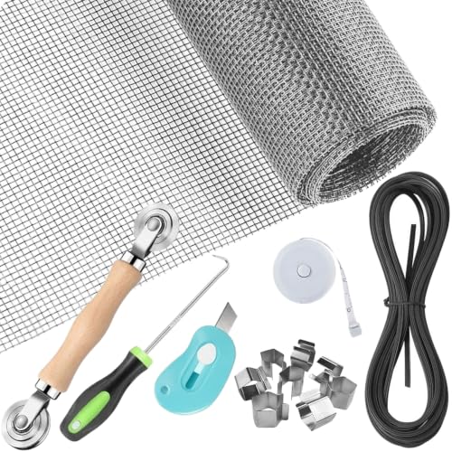 Window Screen & Screen Door Repair Kit (48"x118") - Fiberglass Mesh Replacement with 10M Spline, Rolling Tool, Clips, Cutter & Measuring Tape, Gray