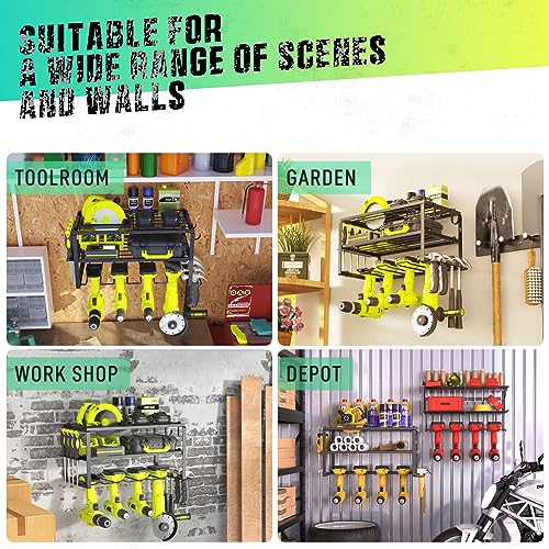 SUNALLY 3-Tier Heavy Duty Steel Power Tool Organizer, Matte Black, 3 Layers Tool Rack Cordless Drill, Floating Shelf Wall Mounted, 4 Drill Holders - style: 8 Drill Holders A