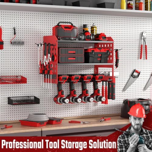 SUNALLY Power Tool Organizer, Wall Mount Garage Tools Storage Rack, Red - style: 4 Drill Holders D