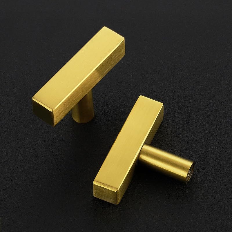 3 Pack Brushed Brass Cabinet Knobs, 2in Length T-Square Bar Drawer Pulls | Single Hole Grip, Stainless Steel Build, Kitchen Cabinet Restyle, For Drawers, Dressers, Cupboards, Closet Doors - color: Brushed Brass, size: 3 Pack, style: Sqaure Bar