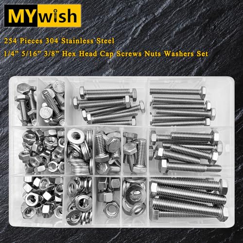 Mywish 254Pcs Nuts and Bolts, 1/4 20 5/16 18 3/8 16 Bolt, Heavy Duty 304 Stainless Steel Bolts and Nuts Kit with Flat Spring Washers, Includes 10 Common Sizes, Fully Threaded - size: 254 Pcs Mixed Size Kit - Silver