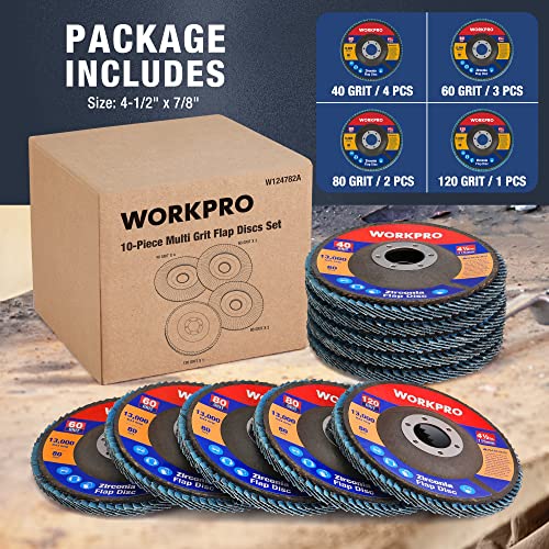 WORKPRO 10-Pack Zirconia Flap Discs, 4-1/2" x 7/8", T29 | Includes 40/60/80/120 Grits, Zirconia Abrasive Flap Sanding Discs for Angle Grinders - style: Multi Grit