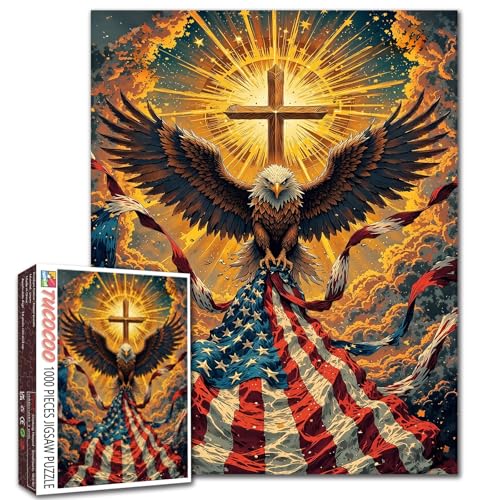 Bald Eagle Patriotic Jigsaw Puzzles American Flag Puzzle for Adults 1000 Pieces Christian Cross Jigsaw Puzzle Art 20 x 27 Inches 4th of July Family Puzzle Independence Day Art - color: American Flag-18