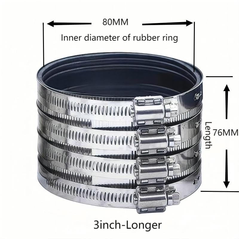 Flexible pipe Coupling with Stainless Steel Clamps.Pipe Connector for PVC and Metal Pipes (3inch-Longer) - size: 3 inch (Longer)