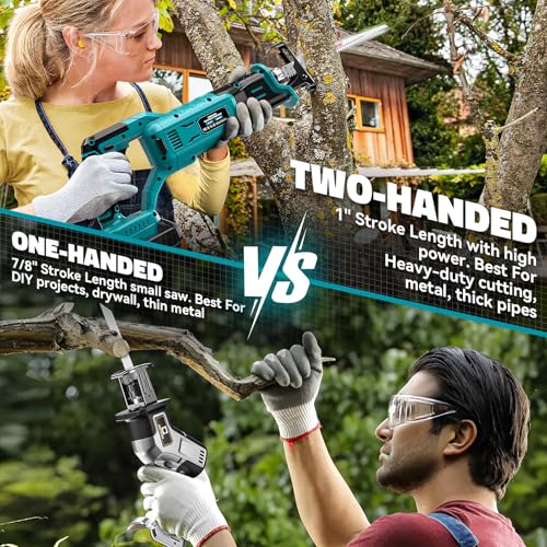 Cerycose Cordless Reciprocating Saw Compatible with Makita 18V Battery, Variable Speed 1" Stroke Length,3200 SPM, Toolless Blade Change, 4 Saw Blades for Metal Wood PVC Cutting (Tool Only) - style: Two-handed for Makita battery