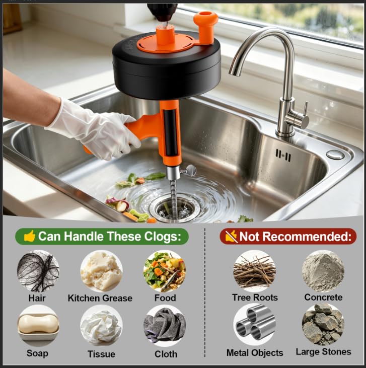 Drain Snake, Plumbing Snake With Drill Adapter, 50ft Heavy Duty Flexible Sink Steel Drain Auger Bathroom Hair Clog Removal Tool, Manual Or Powered - No auto retract or feed (Black)
