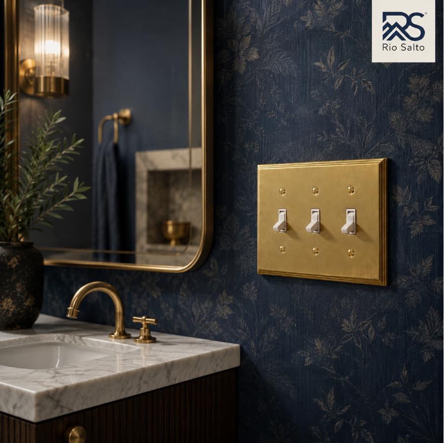 Rio Salto BRASS Gold Decorative 3 Light Switch Cover Triple Toggle Switch Plate Flip Switch Brushed Brass Gold Premium Wall Plate Covers — Deco Collection, Standard 4.50" x 6.33" - color: Toggle Switch 3-Gang (1-Pack)