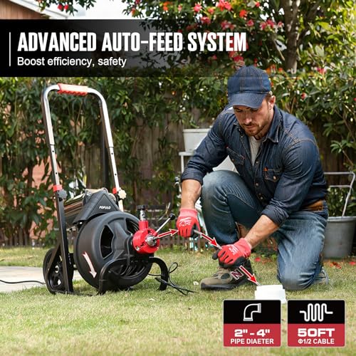 POPULO Auto Feed 50FT Electric Drain Snake with Mobile 8-Inch Wheel and 580W Power,1/2-Inch Drain Snake for 2”-4" Sewer Pipes, 50FT Drain Auger Includes 8 Attachments Heads and Glove - style: 50FT×1/2“