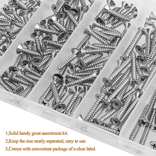 #6 x 1/2" 5/8" 3/4" 1" 1-1/4" Wood Screws Set, HELIFOUNER 160 Pieces Phillips Countersunk Head Self-Tapping Screws Assortment Kit, Phillips Flat Head Wood Screws, 304 Stainless Steel - size: #6