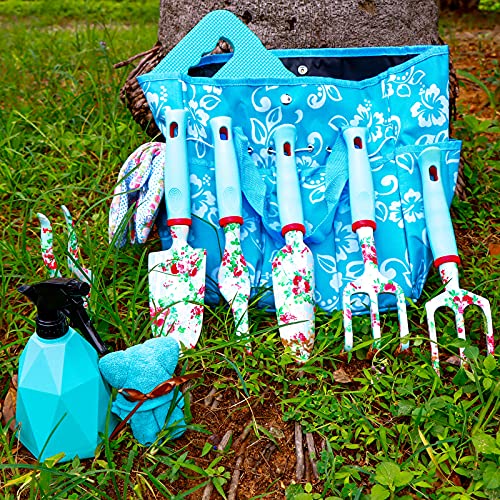 Womens Gardening Gifts Set - Floral Gardening Tools with Tote Bag - Gifts for Mom, Girlfriend or Women - Birthday, Christmas (Blue) - color: Blue