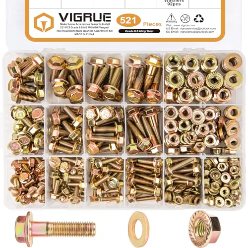 VIGRUE 521PCS M6 M8 M10 Flange Bolts Assortment Kit Metric Class 8.8 Serrated Hex Cap Flange Hex Bolts Flange Nuts Assorted Set, Coarse Full and Half Threads - size: 521PCS M6 M8 M10 Flange Bolts